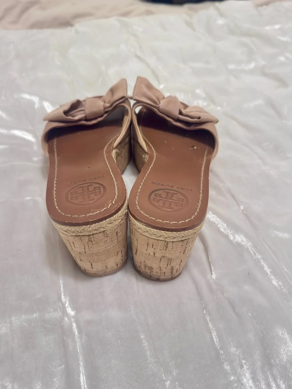 of Tory Burch Penny Grosgrain Cork Wedge Slide Sandals.